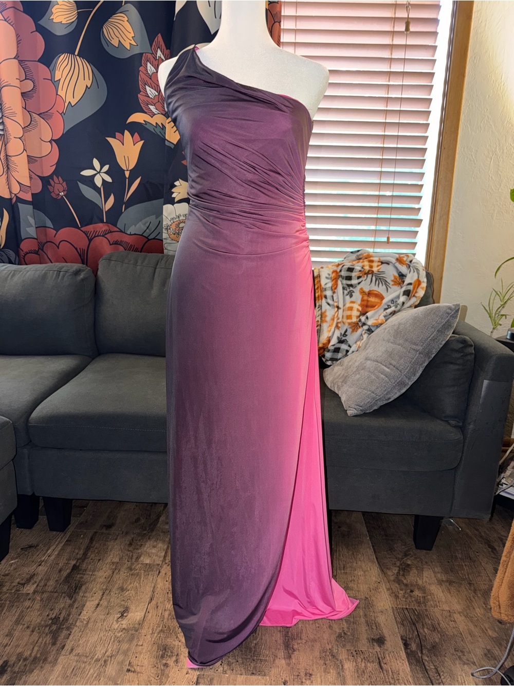 Betsy & Adam One Shoulder Ombre Purple Pink formal homecoming prom dress Y2K